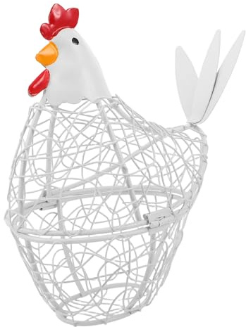 GARVALON Portauova in Ferro Bianco con Coperchio a Forma di Gallina Contenitore per Uova da Banco 17X9X19 CM Cestino Portaoggetti da Cucina per Conservazione e Esposizione Uova Fresche