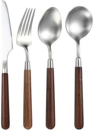 GZKDKZB Ensemble de Couverts en Argent, 4/16/24/32/40/48 pièces, Manche en Noyer, Acier Inoxydable 304, Couteau à Steak, Fourchette et cuillère, Ensemble en Bois Massif. Doré - 16 pièces p