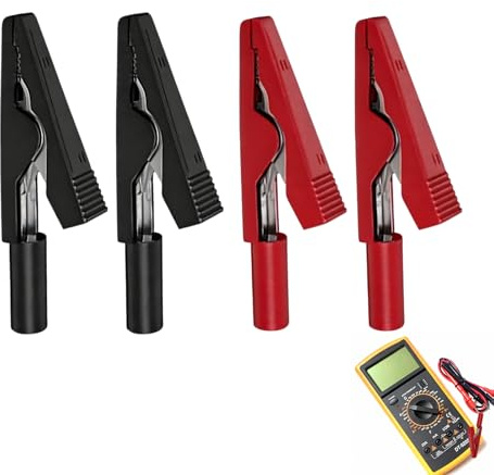 Ensemble de 4 Pinces Crocodiles Isolées en Cuivre Nickelé – Excellente Conductivité Électrique – Compatible avec Sondes de Test 2mm et Fiches Bananes – Sécurité Maximale Ignifuge – Usage Multiple Mais