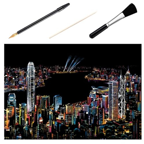 Healvian Kit para Pintar Papeles para Rascar Imagen Nocturna de Ciudad, 4 Piezas 3 Herramientas (, Bolígrafo Dorado y Pincel Negro) para Manualidades Infantiles y Escolares