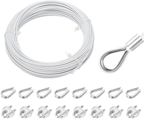 QUARKZMAN 20 meter x 2 mm vajer rostfritt stål, stålvajer spänntråd med 8 x vajerklämmor och 8 x fingerborgar, rostfritt stål 304 gardinrep, tvättlina för klätterväxter, vit