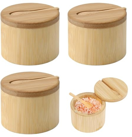 UCFBWO 3 stycken saltburkar bambu, saltbehållare med magnetiskt svänglock och bambulosked, livsmedelsgodkänd krydda förvaringslåda för kök matbord fuktskydd (naturlig bambu)
