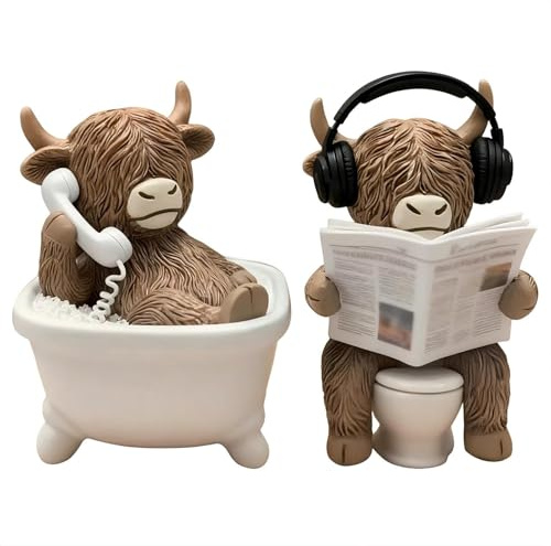 LUMIREX 2 Stück Highland Cow Badezimmer Deko, Hochlandrind Dekofiguren aus Harz, Bad Dekoration Modern, Niedlich Highland Kuh Deko für Schreibtisch Bad Schlafzimmer Wohnzimmer Bücherregal