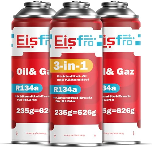 Eisfro - Kit avec 1 x Gaz de Remplacement R134a et 2 x Réfrigérant 3-en-1 pour Climatisation avec Additif d'Étanchéité et Huile – pour Climatisation Automobile – pour Véhicule – 3 x 235 G