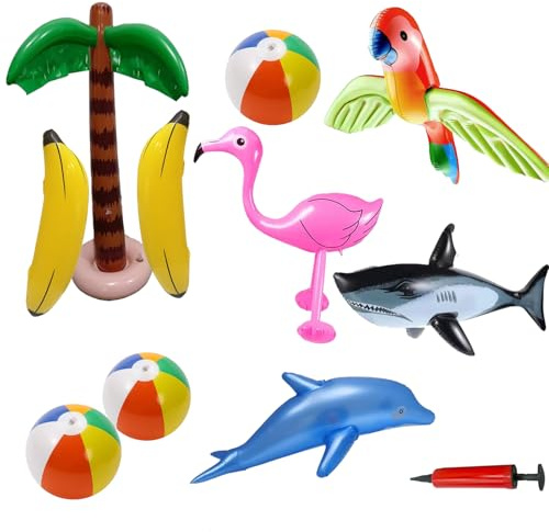11 Pack Inflatable Palm Trees Flamingos Shark Parrot Banana Beach Balls Set | Summer Hawaiian Party Inflatable Decorations for Beach Pool Party Decorations Backdrop Party Supplies with Air Pump