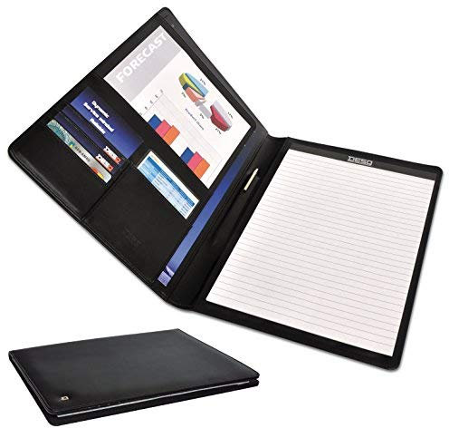 DESQ® Leder A4-Schreibmappe - Echtleder, Einsteckfäch für Dokumenten, 5 Kartenfächer, Schreibblock ausgestattet, Schwarz, Dutch Design