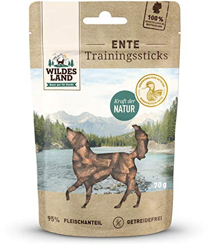 WILDES LAND – Trainingssticks Ente | Hundesnack mit natürlichen Zutaten und extra hohem Fleischanteil für ausgewachsene Hunde. Getreidefreier Trainingssnack ohne Zusatzstoffe im Beutel | 8x70g Ente