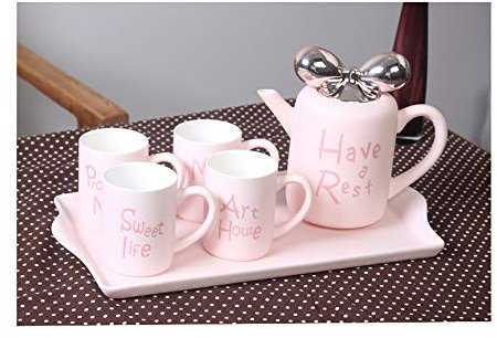 FJSC 6Pcs Romantic Coffee & Tea Service Set With Coffee Cup, Teapot and Tray Made Of Porcelain, European Ceramic Tea Set Pink
