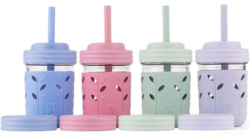 Elk and Friends Kids + Toddler Glass Cups | The Original 8oz Glass Mason Jar with Sleeves + Lids | Silicone Straws + Stopper | Smoothie Cup | Food Storage | Spill Resistant | Dishwasher Safe | 4 Pack