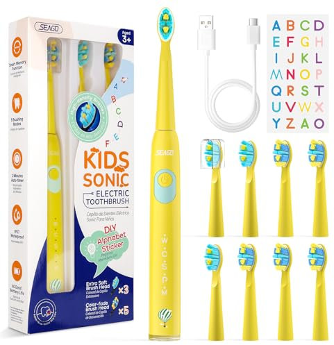 Seago Kids Electric Toothbrush 3 5 6 8 9 10 12, Childrens Rechargeable Battery Toothbrushes with Funny DIY Stickers, 2 Mins Timer, 8 Replacement Brush Heads, for Boys Girls Teenagers, SG2303(Yellow)