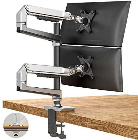 Ergounion Monitor Halterung 2 Monitore für 13 bis 40 Zoll Bildschirme, Höhenverstellbar Dual Monitor Arm übereinander, Verstellbarer Bildschirmhalterung für 2 Monitore, VESA 75/100 mm, Silber