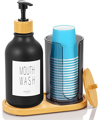 VITVITI Distributeur de bain de bouche pour salle de bain, flacon à pompe avec porte-gobelet en papier, 481,9 g, récipient rechargeable noir avec couvercle en bambou/plateau/étiquette