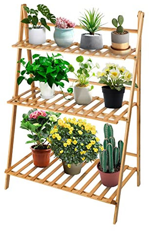 THINFAR Blumentreppe Holz, Blumenständer für innen draußen, 3-stufig, Blumentreppe Klappbar, Blumenleiter Bambus (70 x 40 x 96 cm)