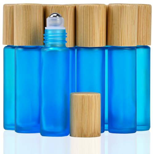 Enenes Ätherische Öle Flaschen 10 Stück Blau Anti-UV Ätherische Öle Roller Flaschen 10ml Nachfüllbare leere Roller Glasflaschen mit Edelstahl-Roller Ball und Bambus-Deckel(Blau)