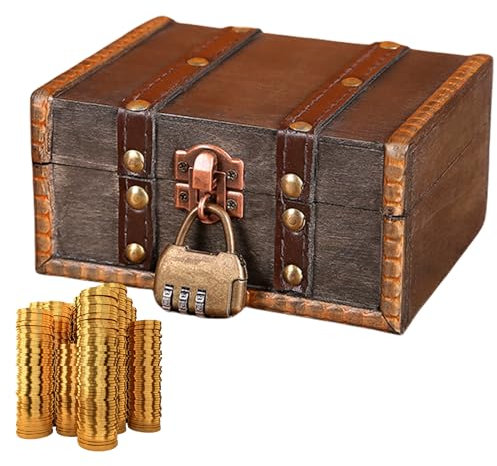 MEGYAD Coffre au trésor : coffre au trésor anniversaire d'enfant coffre pirate en bois avec serrure à combinaison 16 x 12 x 9,5 cm, boîte vintage verrouillable pour le rangement et la décoration (15)