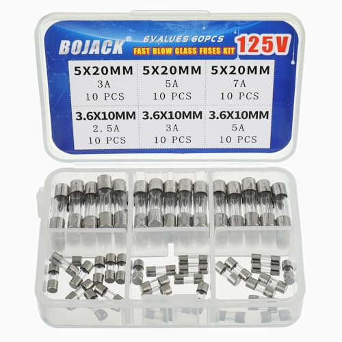 BOJACK Christmas Light fuses 5x20mm 125V 3A 5A 7A Fuse Fast-Blow Glass Fuses 3.6X10mm Mini Fuse 125V 2.5A 3A 5A amp Fuses Assortment Kit