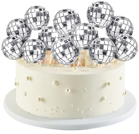 XINGPUBHD Di-sco Ball Cake Decorations, 24 PCS Di-sco Ball Cake Toppers Cupcake Toppers 1970s Di-sco Themed Cake Toppers for Di-sco Theme Accessories for 70s Theme Party Favor