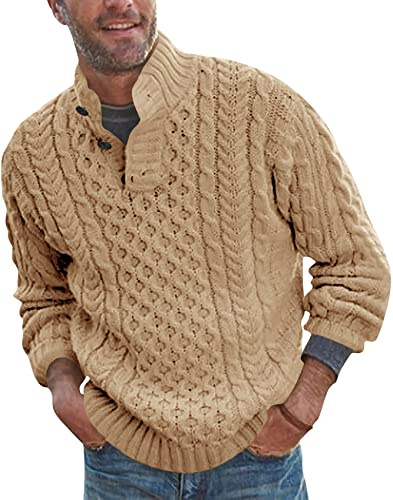Runcati Pull pour homme en grosse maille à col boutonné - Tricoté décontracté - Tricot à torsades, kaki, L