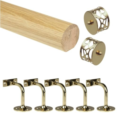 Oak Mopstick Handrail Kit 1800mm with Brass Wall Brackets & Brass Filigree End Caps | Wall Mounted Bannister Support Rail