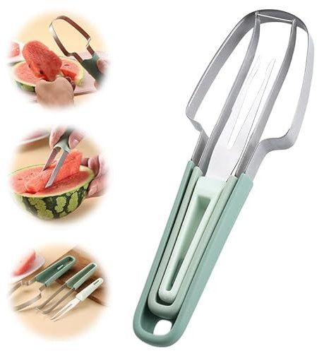 3-in-1 Obstschneider aus Edelstahl, 2024 Neu Wassermelonengabel-Schneidewerkzeug, Doppelkopf-Obstgabeln-Schneidemesser mit rundem Griff, Sommer Wassermelonen-Fruchtschneidegabel (Grün)