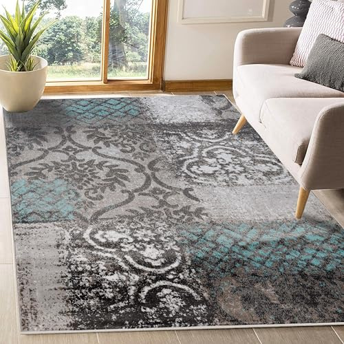 Superior Indoor Area Rug, Jute Backing, Plush Geometric Rugs for Entryway, Living Room, Kitchen Floors, Bedroom, Office Floor Cover, Floral Patchwork Rugs, Bristol Collection, 5' x 8', Rivulet