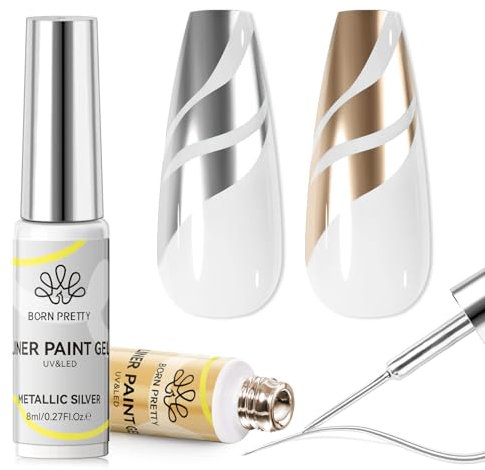 Born Pretty UV Nagellack Liner Set - Mirror Chrome Silber Gold Gel Liner Nail Art Metallischer Spiegeleffekt Swirl Nail Art Gel Polish Maniküre-Set für Salon DIY