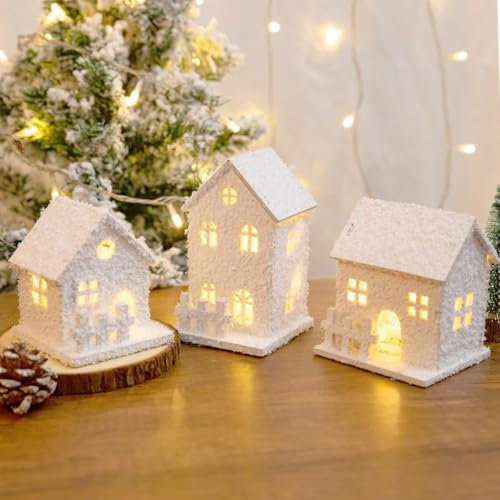 JOYWU Lighted Wooden Snow Village Houses for Christmas Tabletop Decor,3 Pcs Christmas Village Houses with Snow and Led,12cm Winter Village Accessories Set,White Xmas House Figurines Decoration (A)