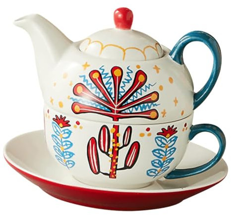 COLLBATH Théière en Céramique Peinte à La Main Rétro, Service à Thé 1 Tasse 1 Bouilloire Bleue, pour Maison Bureau Et Sorties en Plein Air, Ensemble Théière à Thé Réutilisable