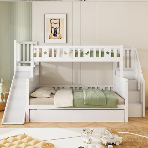 Kebnor Cama infantil 90 x 200/140 x 200 cm, litera de madera maciza con tobogán y estante con niveles de seguridad, cama plegable y somier, color blanco