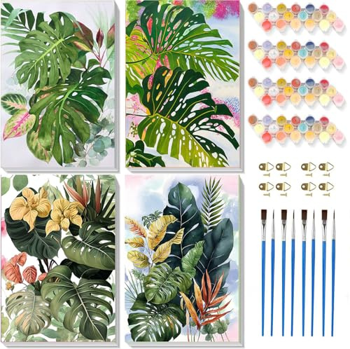 Viart 4 Pack Paint by Numbers for Adults with Frame-Adult Paint by Numbers Canvas Kits Plants, DIY Green Plant Painting by Numbers for Adults Animals with Framed Canvas (8x12inch)