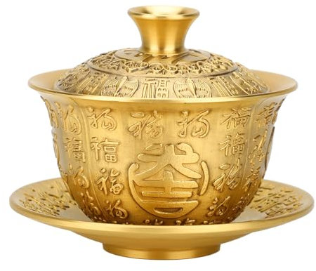Beufee Tasse à thé chinoise, 300 ml, tasse à thé avec couvercle, soucoupe, tasse à thé Kung Fu, tasse à thé en laiton, bol à thé, tasses à thé traditionnelles chinoises avec couvercle et
