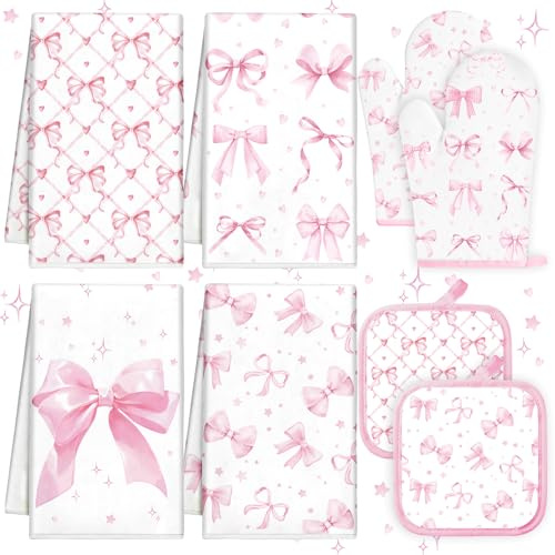 Teenyyou 8 Pcs Pink Bows Kitchen Towels Pot Holders and Oven Mitt Set Coquette Kitchen Accessories 4 Dish Towels 2 Absorbent Square Potholders 2 Heat Resistant Glove for Cooking Baking Home Gifting