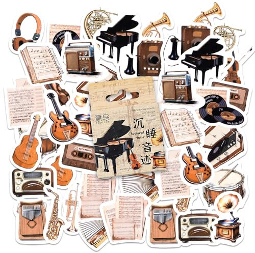 46PCS Musical Instrument Stickers,Vintage Musical Theme Stickers for Children Teens Adults Travel Case, Laptop, Planners, Calendars, Scrapbook, Suitcase, Notebooks, Journal