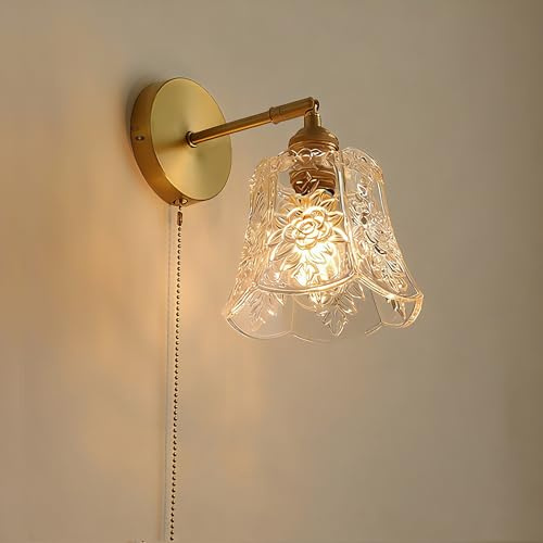 Chrasy Modern Vintage Hardwired Glass Wall Sconces - E27 Base Indoor Wall Light Fixtures with Pull Chain Switch for Bedroom, Bathroom, Kitchen, Hallway, and Stairway