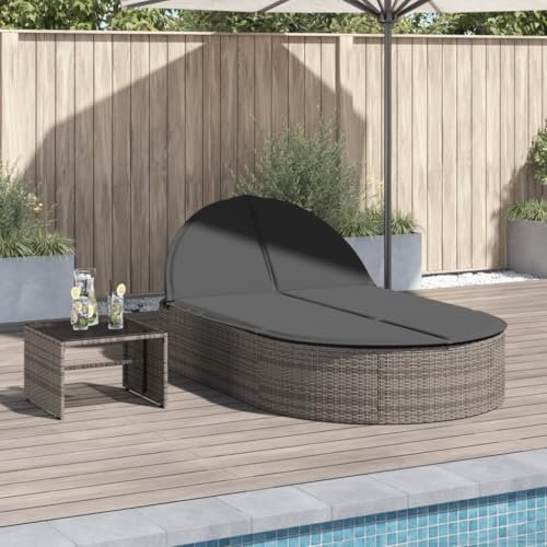 Emmtore Doppel-Sonnenliege mit Kissen Grau Poly Rattan Gartenliege Verstellbare Rückenlehne, Relaxliege Liege Gartenmöbel