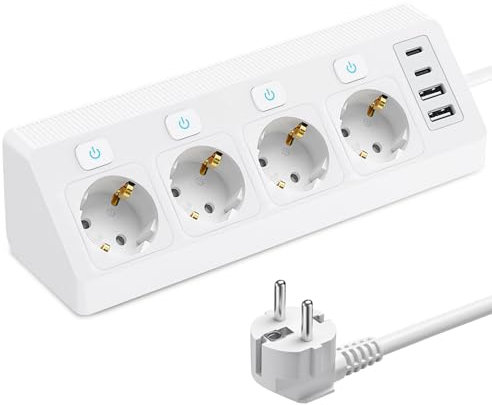 Presa angolare a 4 scomparti con interruttori, presa elettrica ad angolo con 2 USB e 2 Type-C, presa angolare con protezione da sovratensione, cavo da 2 m, per cucina, scrivania e ufficio