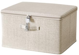 ACESOME Abschließbare Box mit 4 Schlüsseln, Aufbewahrungsbox Stoff, Verschließbare Box mit Schloss, Faltbare Organizer Box (Beige, 30 x 20 x 14cm)