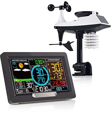 ZJFHEYUO Stazioni meteorologiche Professionali, termometro Interno ed Esterno, Display a Colori, Stazione meteorologica Wi-Fi con sensore Esterno