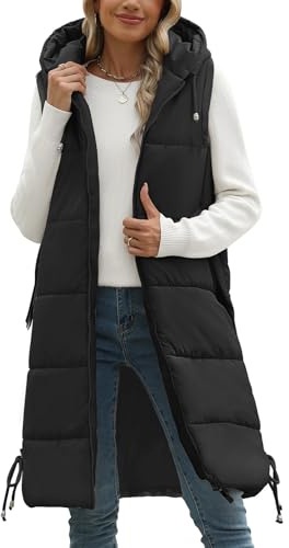 HEEKPEK Women's Long Sleeveless Hooded Puffer Vest, Winter Warm Quilted Jacket