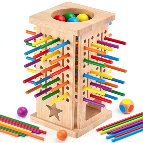 Montessori Game Wooden Board Games, Educational Toys with 42 Colorful Sticks and Dice, Kids Games for 3 4 5 6 Years Old, Math Learning & Fine Motor Skills Toy, Family Travel Game Gifts for Boys Girls
