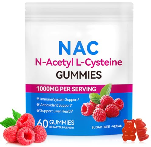 NAC N-Acetyl-Cysteine 1000mg Gummies, 60 Count | 30 Days Supply, N-Acetyl L-Cysteine Nutritional Supplements - Nac Supplement High Bioavailability Amino Acid for Skin & Hair