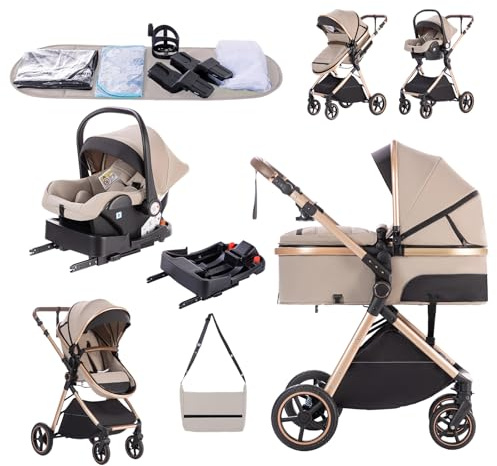 Zkiprm Trio barnvagn, barnvagnsset med säte och bas, hopfällbar säng, dubbelriktad, justerbar viloläge, utdragbar bred upp och ner, lastkapacitet 15 kg, barn 0–3 år