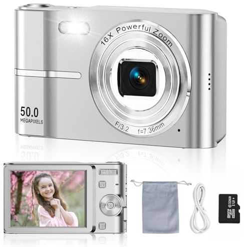 Cámara Digital Compacta 50MP 1080P FHD, Cámara de Fotos Compacta con Zoom Digital 16X y Pantalla LCD de 2,4, Tarjeta SD 32GB Incluida, Camara de Fotos Digital para Niños, Adolescentes y Principiantes