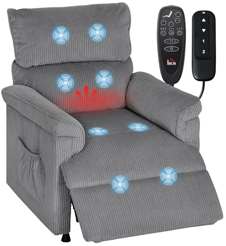 HOMCOM Power Massage Recliner Armchair with Vibration, Heat, Whisper-Quiet Motor and Memory Function, Corduroy Electric Recliner Chair with USB Port, Leg Rest, Remote, Pockets, Reclining Chair, Grey