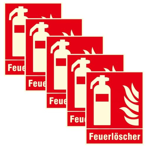 Luimode 5st Schild Feuerlöscher langnachleuchtend | PVC selbstklebend 100x80mm nachleuchtend Hinweis Piktogramm Symbol Feuerlöscherkasten für Haus, Büro, Baustelle und Auto