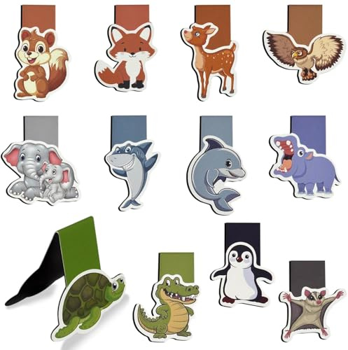 Leyrens Set di 12 Segnalibri Magnetici a Forma di Animali Dolci Selvatici, Clip Segnapagina Magnete Creative, Segnalibri Bambini Accessori Libri, per Amanti dei Libri, Appassionati di Animali