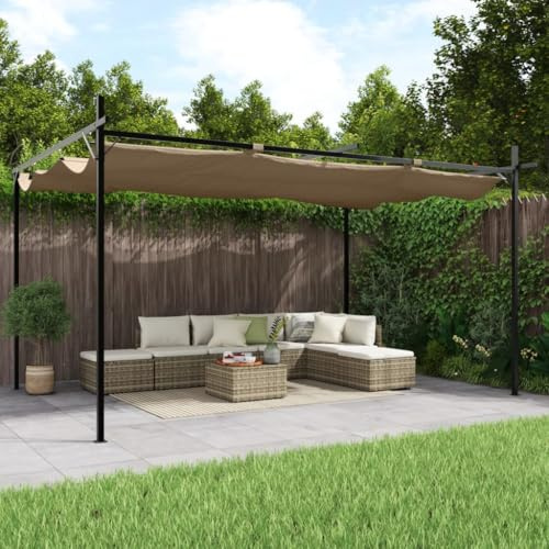 Tienda de campaña para fiestas, pérgola con techo corredizo, color topo, 395 x 292 x 230 cm, para patios traseros y terrazas