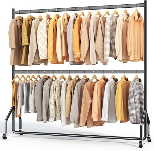 Hokeeper Doppel-Kleiderständer auf Rollen | Kleiderstange, Garderobe, Schwerlast, Metall, 4 Rollen, 2 feststellbar, einfache Montage, langlebig
