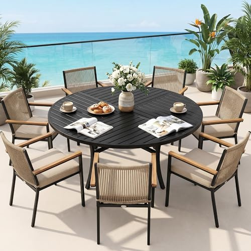 Hawthyhome Gartentisch Runder mit Zylindrischem Schirmloch,Durchmesser 137 cm,Gartentisch Wetterfest Outdoor, Esstisch für 4-6 Personen,Partytisch Balkontisch, Metallrahmen, Schwarz