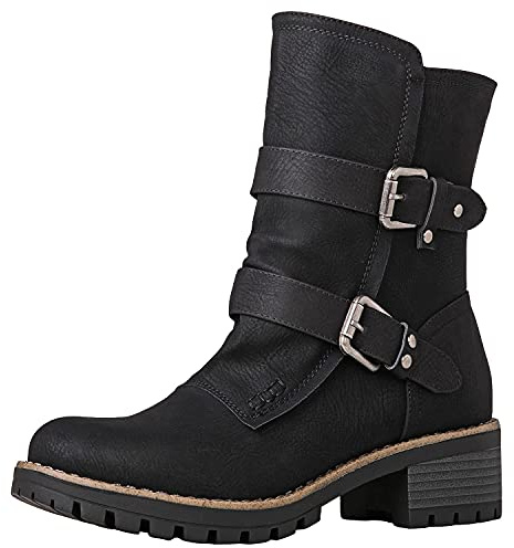 GLOBALWIN Lace up Mid Calf Motorcycle Fashion Festival Boots Combat Riding Military Boots for Women Black Size 7